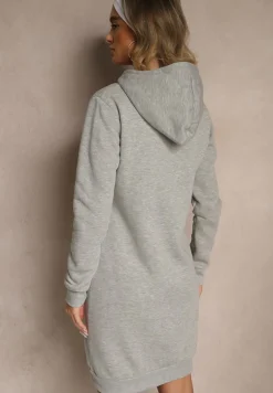 Jasnoszara Bluza Tunika z Dodatkiem Bawełny Wykończona Sznurkami i Kapturem Mivithia