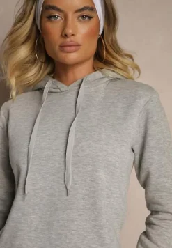 Jasnoszara Bluza Tunika z Dodatkiem Bawełny Wykończona Sznurkami i Kapturem Mivithia