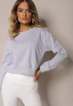 Jasnoszara Bluza z Bawełną ze Ściągaczami przy Rękawach i w Pasie Alberia