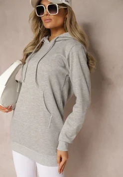 Jasnoszara Bluza z Dodatkiem Bawełny Ozdobiona Sznurkami z Kapturem Mivasia