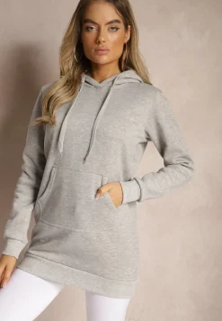 Jasnoszara Bluza z Dodatkiem Bawełny Ozdobiona Sznurkami z Kapturem Mivasia