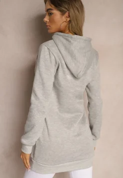 Jasnoszara Bluza z Dodatkiem Bawełny Ozdobiona Sznurkami z Kapturem Mivasia