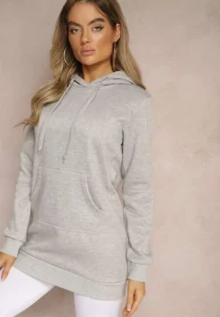 Jasnoszara Bluza z Dodatkiem Bawełny Ozdobiona Sznurkami z Kapturem Mivasia