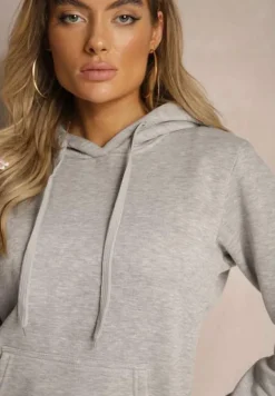 Jasnoszara Bluza z Dodatkiem Bawełny Ozdobiona Sznurkami z Kapturem Mivasia