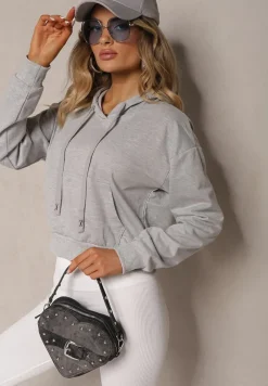 Jasnoszara Bluza z Kapturem i Bawełną Ozdobiona Ściągaczami Evianae
