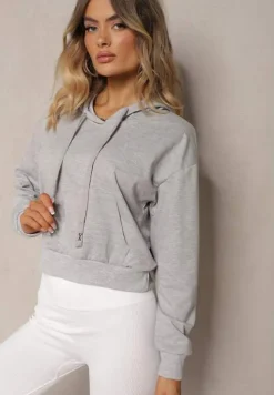 Jasnoszara Bluza z Kapturem i Bawełną Ozdobiona Ściągaczami Evianae