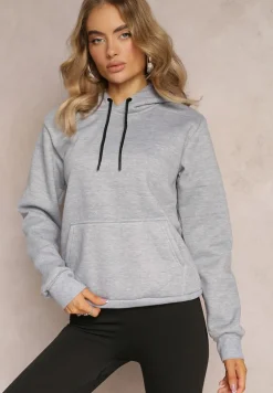 Jasnoszara Bluza z Kapturem i Kieszenią i Polarowym Wykończeniem Dafenna