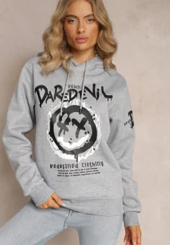 Jasnoszara Bluza z Polarem i Nadrukiem Thalindra