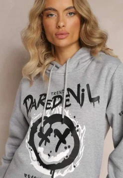 Jasnoszara Bluza z Polarem i Nadrukiem Thalindra