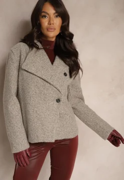 Jasnoszara Jednorzędowa Kurtka Futrzana z Guzikami Elliorith