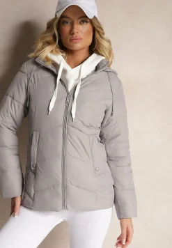 Jasnoszara Kurtka Pikowana z Kapturem z Możliwością Odpięcia Felathra