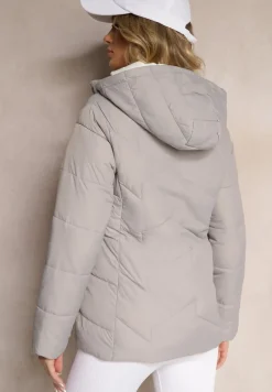 Jasnoszara Kurtka Pikowana z Kapturem z Możliwością Odpięcia Felathra
