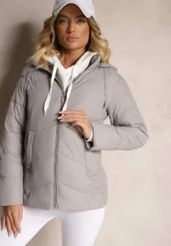 Jasnoszara Kurtka Pikowana z Kapturem z Możliwością Odpięcia Felathra