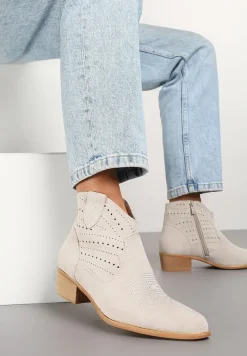Jasnoszare Botki na Stożku w Stylu Kowbojek z Ażurową Cholewką Fonarela