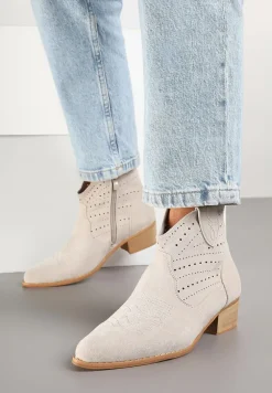 Jasnoszare Botki na Stożku w Stylu Kowbojek z Ażurową Cholewką Fonarela