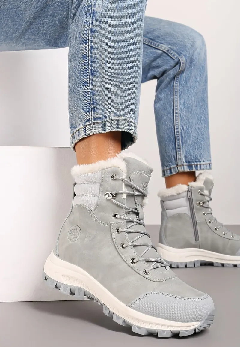 Jasnoszare Botki Trekkingowe na Platformie ze Sznurowaniem Labrinna
