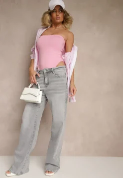 Jasnoszare Jeansy High Waist z Szeroką Nogawką Aliriana