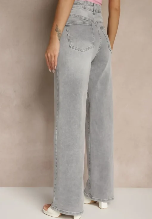 Jasnoszare Jeansy High Waist z Szeroką Nogawką Aliriana