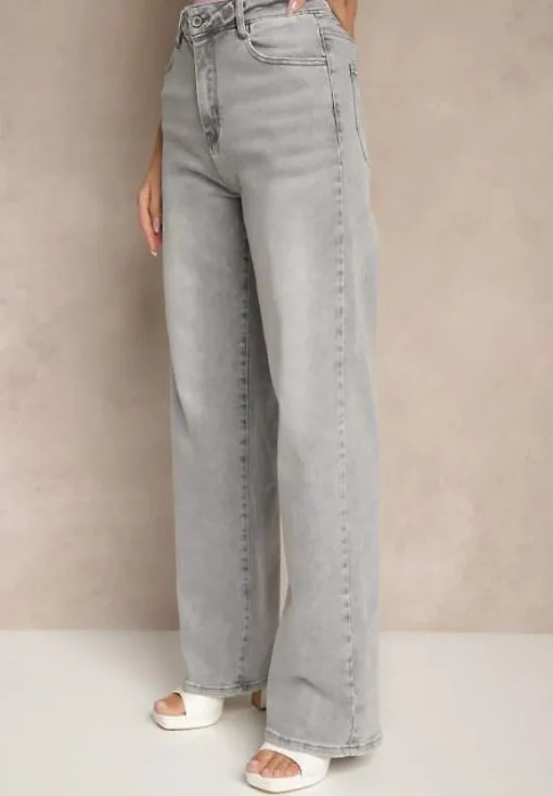 Jasnoszare Jeansy High Waist z Szeroką Nogawką Aliriana