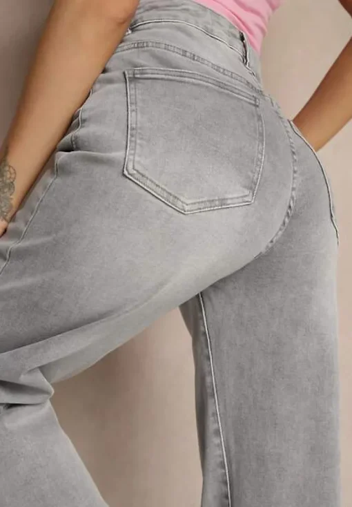 Jasnoszare Jeansy High Waist z Szeroką Nogawką Aliriana