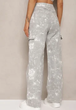 Jasnoszare Jeansy High Waist z Designerskim Wzorem z Szerokimi Nogawkami Joltta