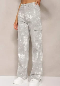 Jasnoszare Jeansy High Waist z Designerskim Wzorem z Szerokimi Nogawkami Joltta