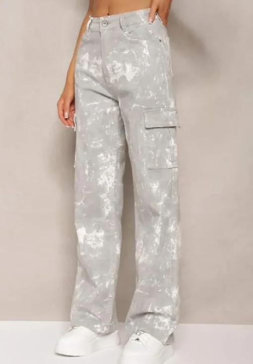 Jasnoszare Jeansy High Waist z Designerskim Wzorem z Szerokimi Nogawkami Joltta