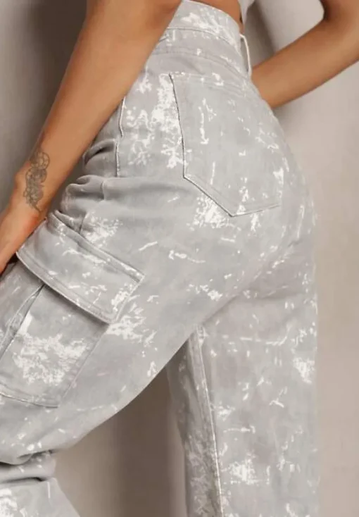Jasnoszare Jeansy High Waist z Designerskim Wzorem z Szerokimi Nogawkami Joltta