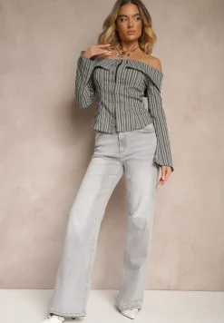 Jasnoszare Jeansy High Waist o Szerokim Kroju Nimiella