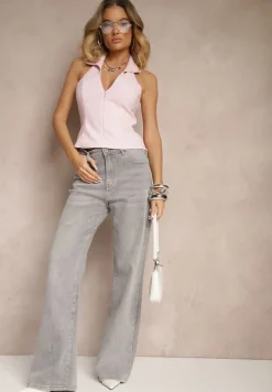 Jasnoszare Jeansy High Waist z Szeroką Nogawką Nimita