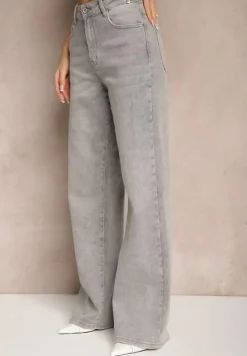 Jasnoszare Jeansy High Waist z Szeroką Nogawką Nimita