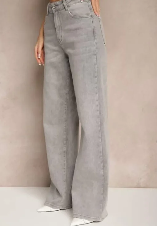 Jasnoszare Jeansy High Waist z Szeroką Nogawką Nimita