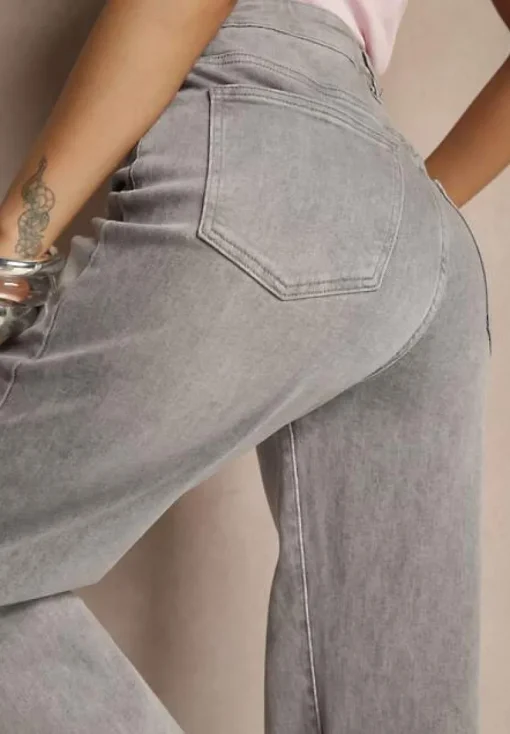 Jasnoszare Jeansy High Waist z Szeroką Nogawką Nimita
