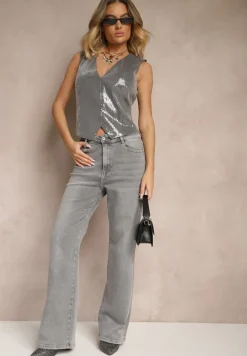 Jasnoszare Jeansy High Waist z Szeroką Nogawką Ulassia