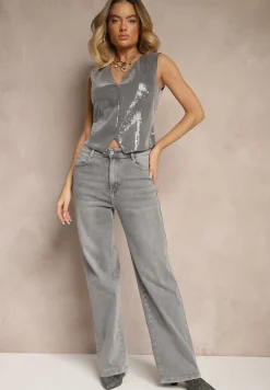 Jasnoszare Jeansy High Waist z Szeroką Nogawką Ulassia