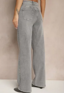 Jasnoszare Jeansy High Waist z Szeroką Nogawką Ulassia