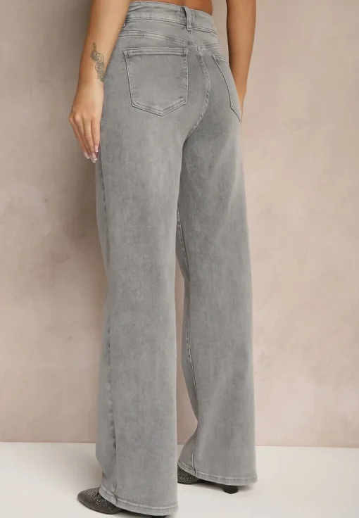 Jasnoszare Jeansy High Waist z Szeroką Nogawką Ulassia