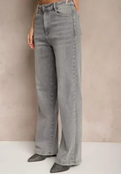 Jasnoszare Jeansy High Waist z Szeroką Nogawką Ulassia