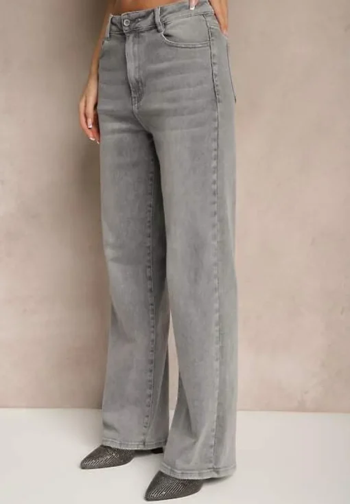 Jasnoszare Jeansy High Waist z Szeroką Nogawką Ulassia