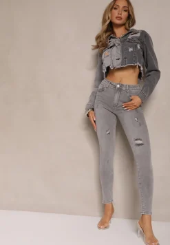 Jasnoszare Jeansy o Fasonie Skinny High Waist z Ozdobnymi Przetarciami Lililiane