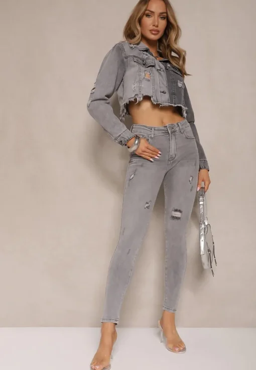 Jasnoszare Jeansy o Fasonie Skinny High Waist z Ozdobnymi Przetarciami Lililiane