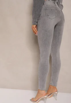 Jasnoszare Jeansy o Fasonie Skinny High Waist z Ozdobnymi Przetarciami Lililiane