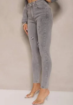 Jasnoszare Jeansy o Fasonie Skinny High Waist z Ozdobnymi Przetarciami Lililiane