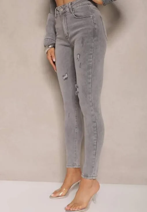 Jasnoszare Jeansy o Fasonie Skinny High Waist z Ozdobnymi Przetarciami Lililiane