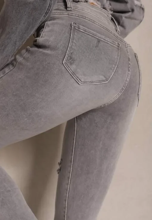 Jasnoszare Jeansy o Fasonie Skinny High Waist z Ozdobnymi Przetarciami Lililiane