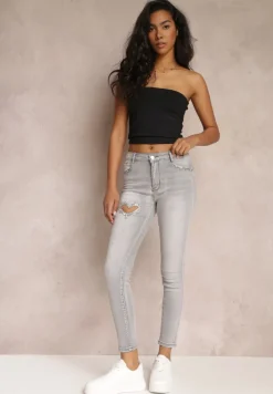 Jasnoszare Jeansy Skinny Push-Up z Wycięciem i Cyrkoniami Idomara
