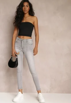 Jasnoszare Jeansy Skinny Push-Up z Wycięciem i Cyrkoniami Idomara