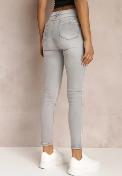 Jasnoszare Jeansy Skinny Push-Up z Wycięciem i Cyrkoniami Idomara