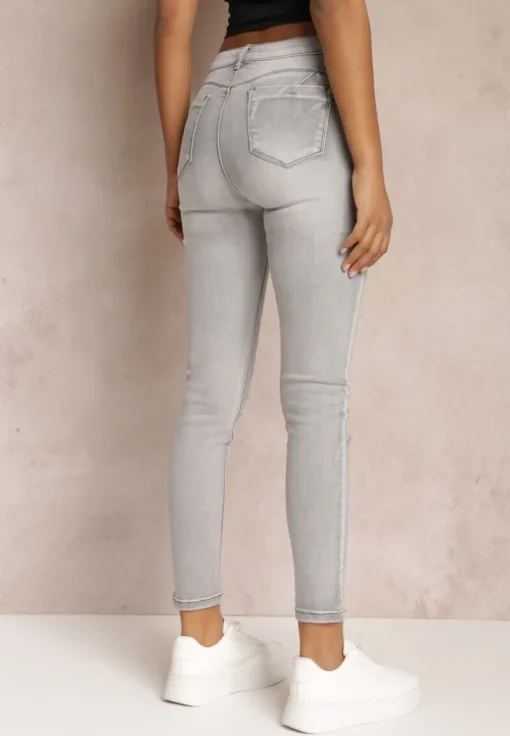 Jasnoszare Jeansy Skinny Push-Up z Wycięciem i Cyrkoniami Idomara