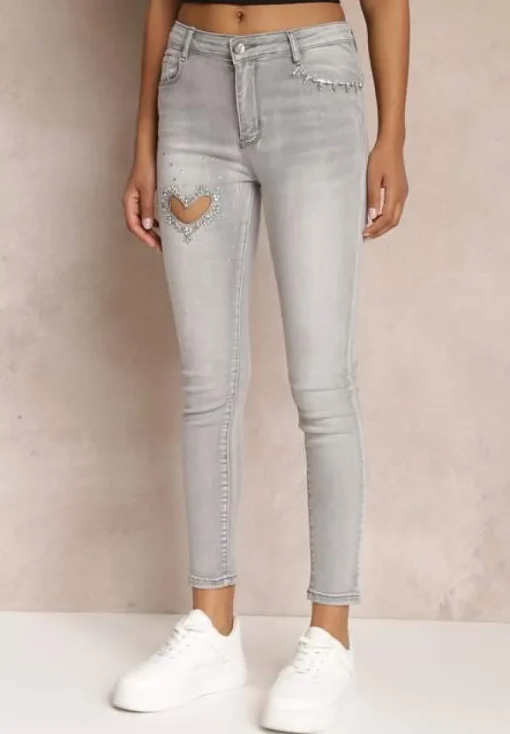 Jasnoszare Jeansy Skinny Push-Up z Wycięciem i Cyrkoniami Idomara